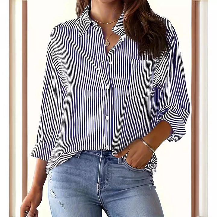 Women's Lightweight Oversized Shirt Blouse with Vertical Stripes, Kent Collar and Three-Quarter Sleeves Mune Fashion