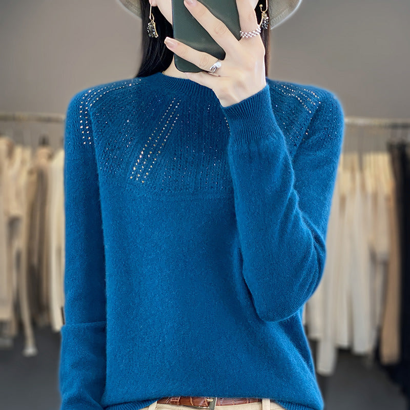 Ladies Soft Cashmere-Look Fine Knit Sweater with Ajour-Yoke and Sequin Trim Mune Fashion