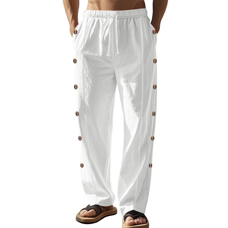 Men's relaxed linen lounge pants with side button placket, elastic waistband, and side pockets Mune Fashion