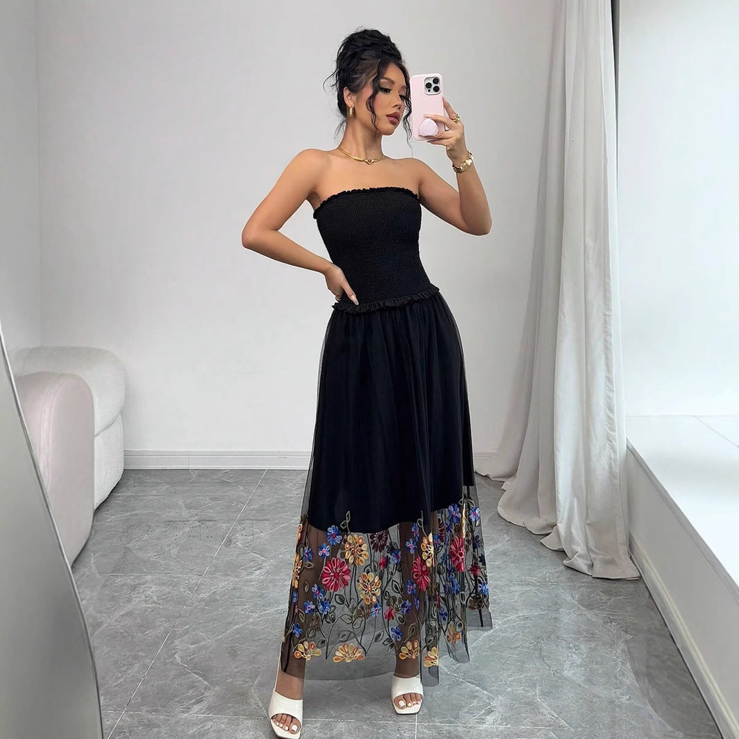 Women's off-shoulder midi dress with smocked top and embroidered tulle skirt Mune Fashion