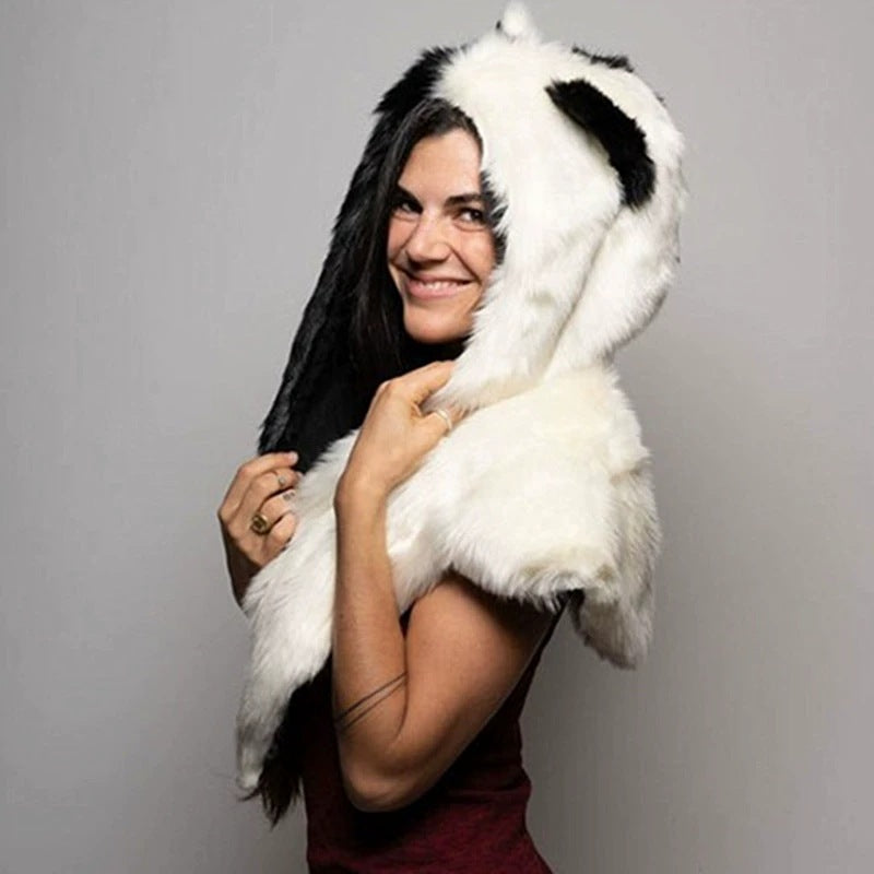 Women’s hooded stole made of faux fur with animal ears and asymmetric cape Mune Fashion