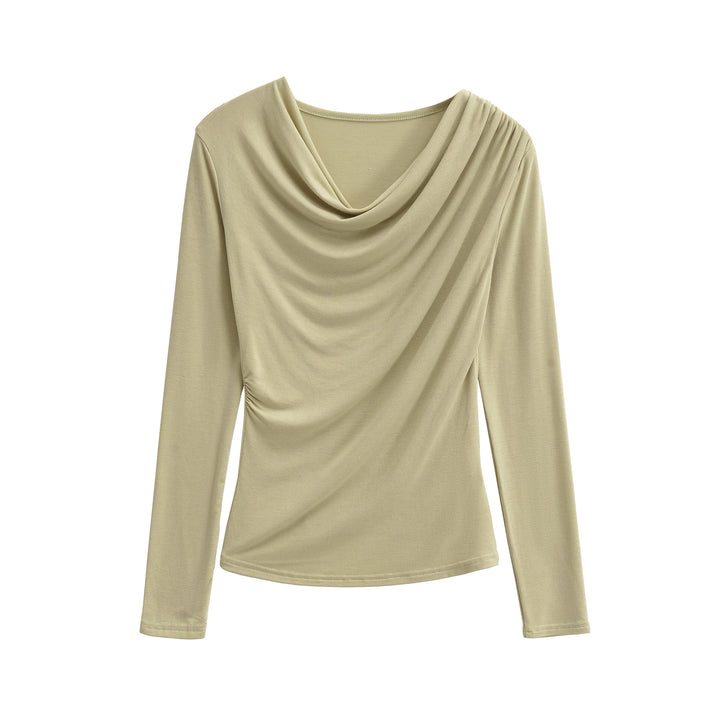 Women's Waterfall Collar Long Sleeve Shirt with Draping and Tailored Wrap Look Mune Fashion