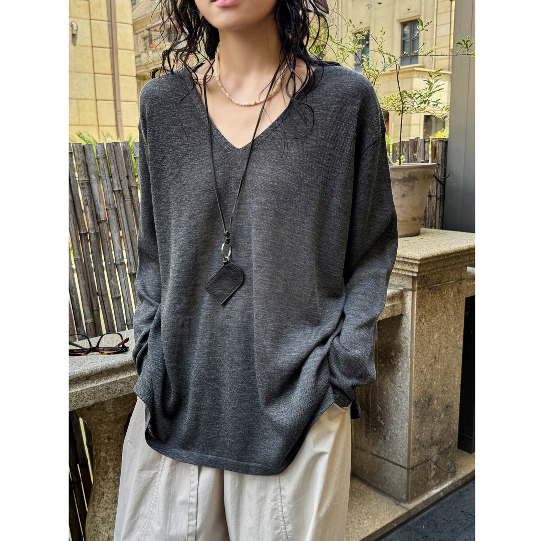 Women Casual V-Neck Fine Knit Long Sleeve with Dropped Shoulder Mune Fashion