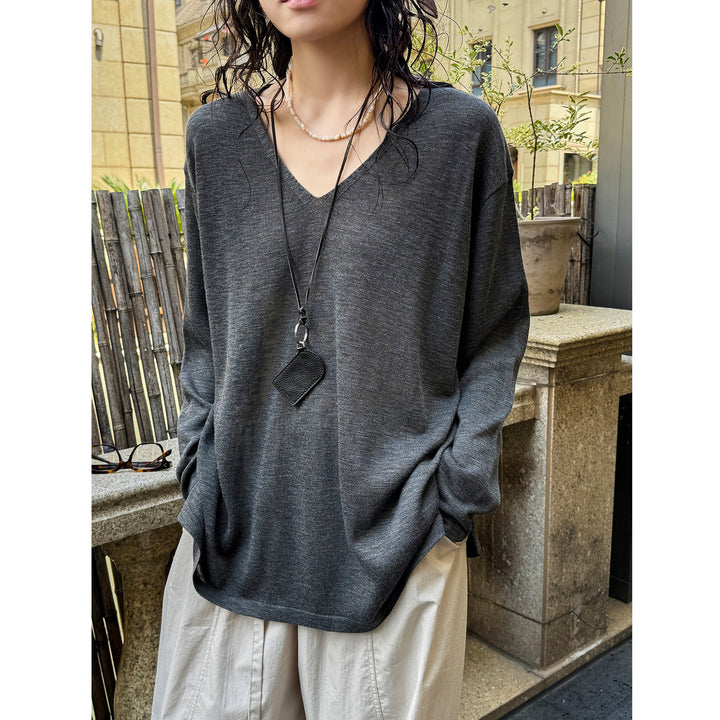 Women Casual V-Neck Fine Knit Long Sleeve with Dropped Shoulder Mune Fashion