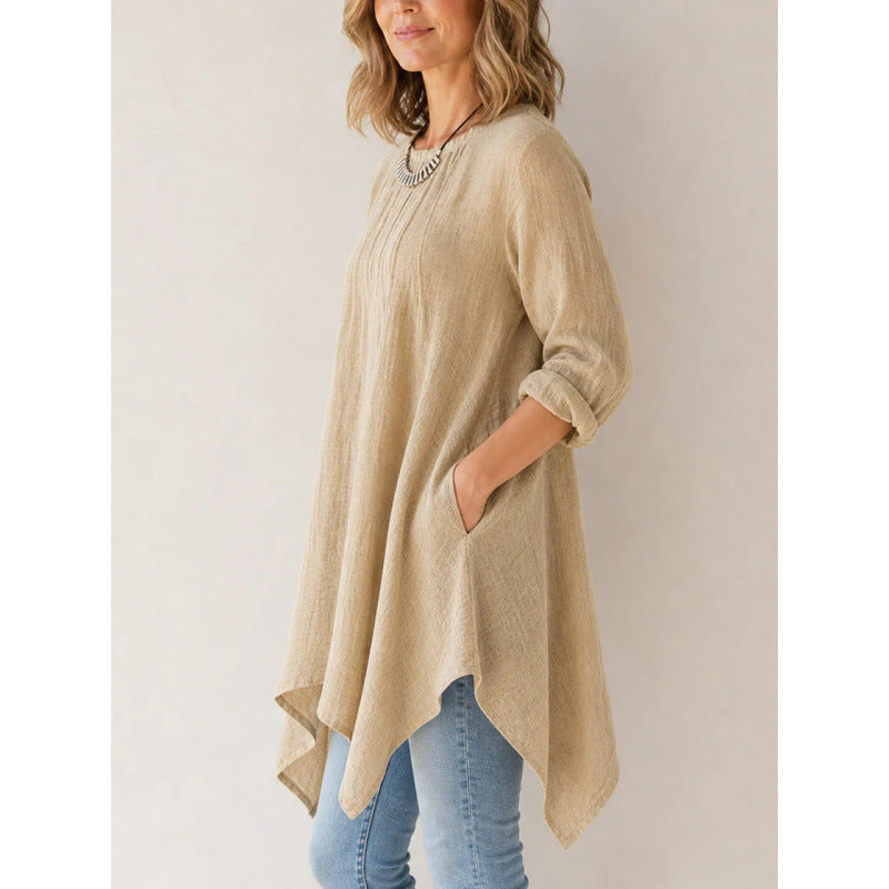 Women Casual Long Tunic with Towel Hem, Ruffled Pleats and Side Pockets Mune Fashion