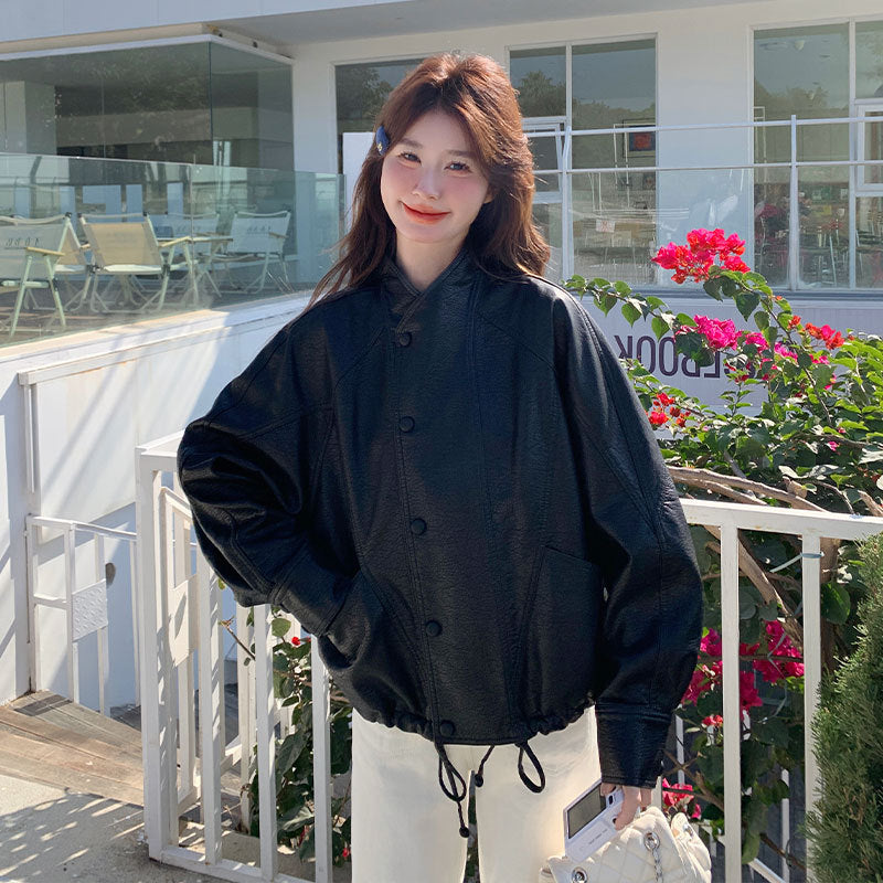 Women's Loose-Fit Leather-Look Shirt Jacket with Press Stud Placket and Drawstring Hem Mune Fashion