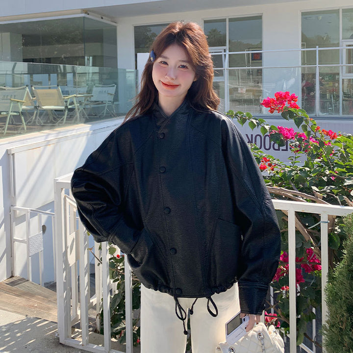 Women's Loose-Fit Leather-Look Shirt Jacket with Press Stud Placket and Drawstring Hem Mune Fashion