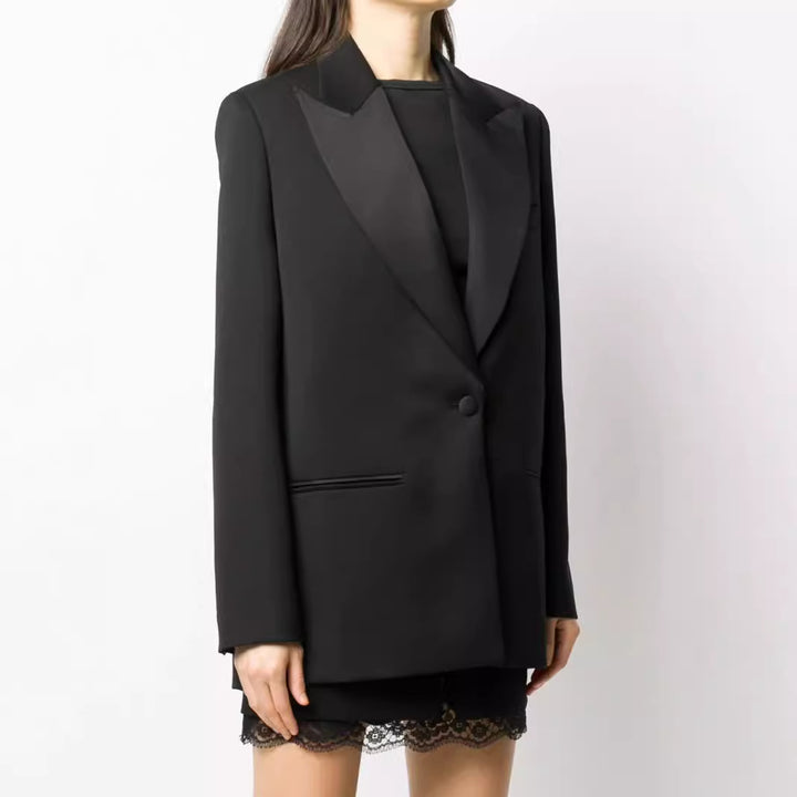 Women’s Oversized Single-Breasted Long Blazer with Satin Shawl Collar and Clean Tailoring Mune Fashion