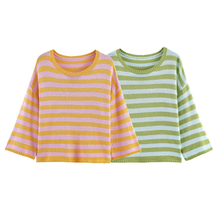 Women Oversized Striped Fine Knit Sweater with Round Neck and Half-Length Sleeves Mune Fashion