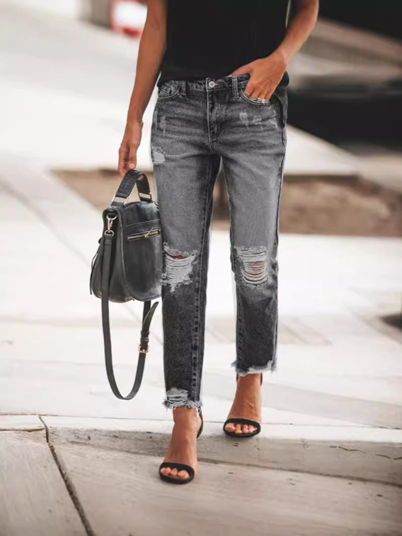 Women's Ripped Denim Jeans with Casual Cut and Frayed Hem Mune Fashion