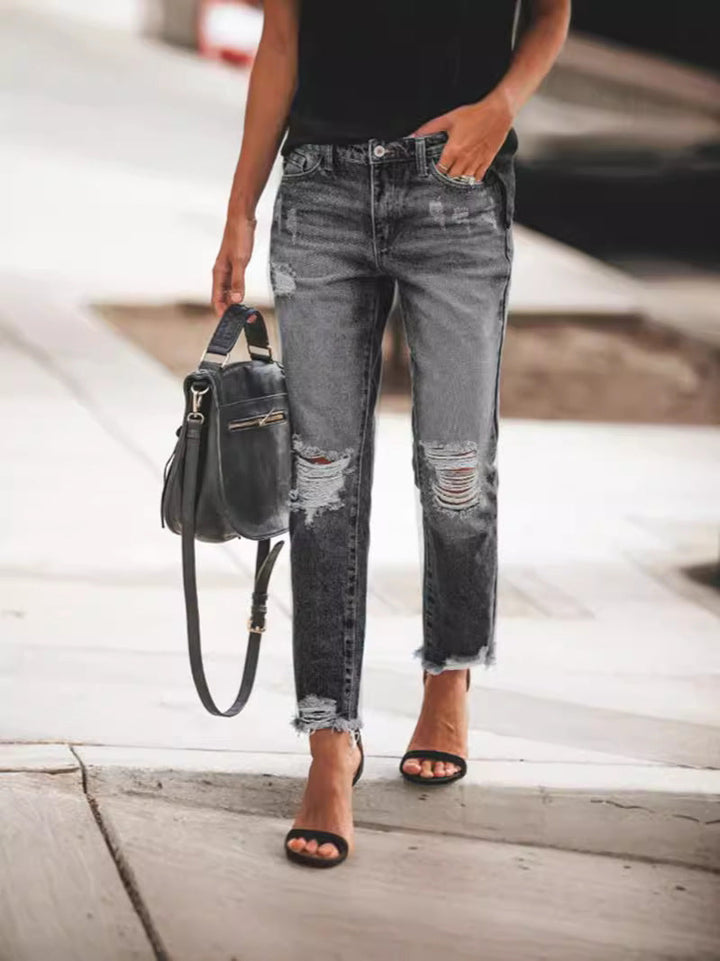 Women's Ripped Denim Jeans with Casual Cut and Frayed Hem Mune Fashion