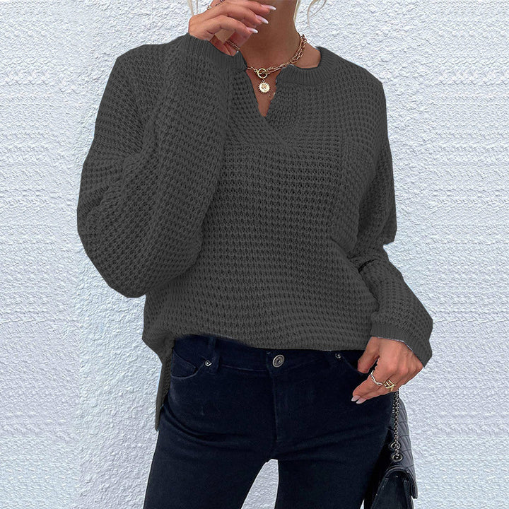 Women's Waffle Knit Sweater with V-Slit, Oversized Cut and Balloon Sleeves Mune Fashion