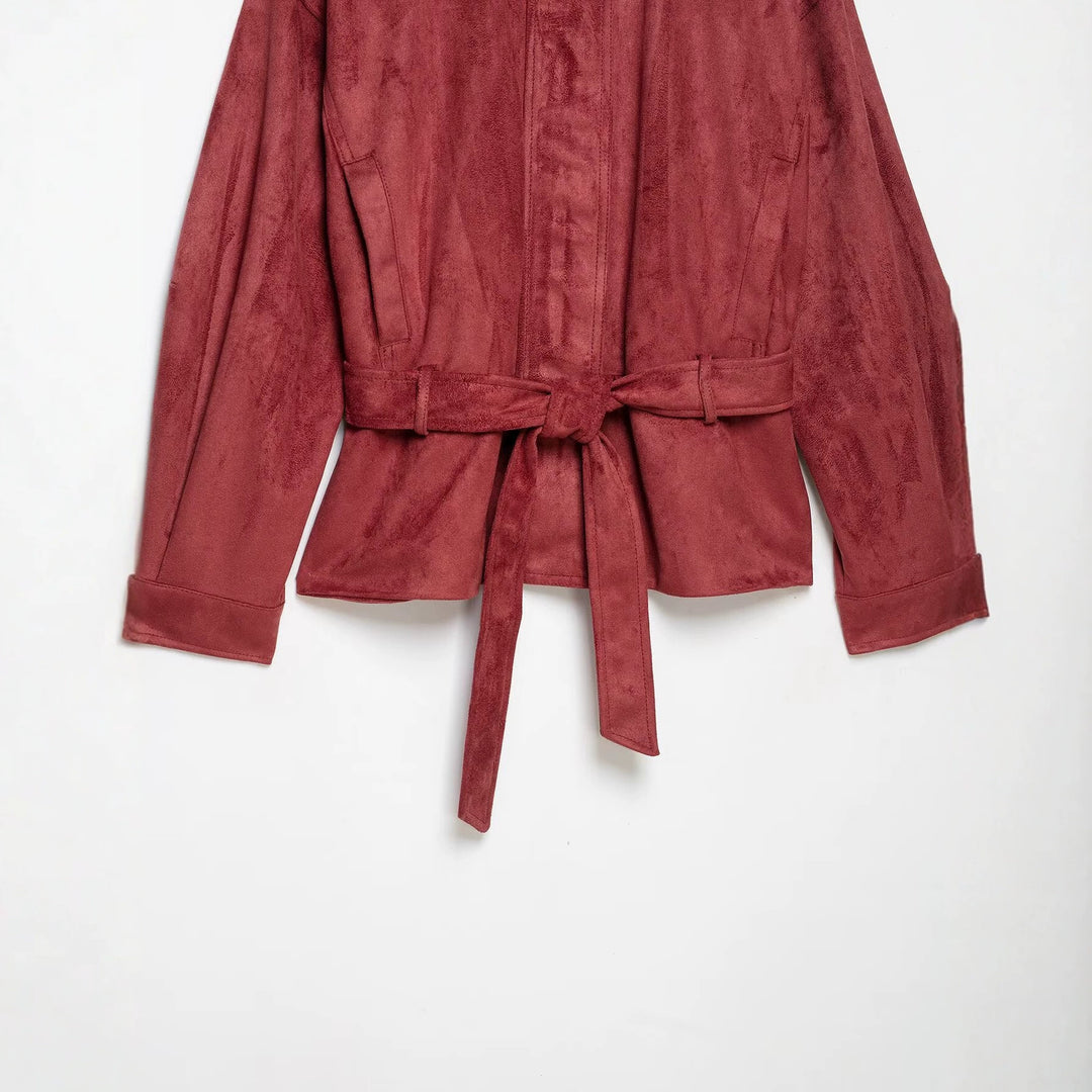 Women's kimono-inspired velour jacket with tie belt and high stand-up collar Mune Fashion