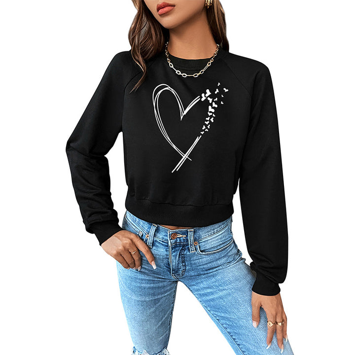 Women's cropped sweatshirt with heart print, round neckline and ribbed cuffs Mune Fashion