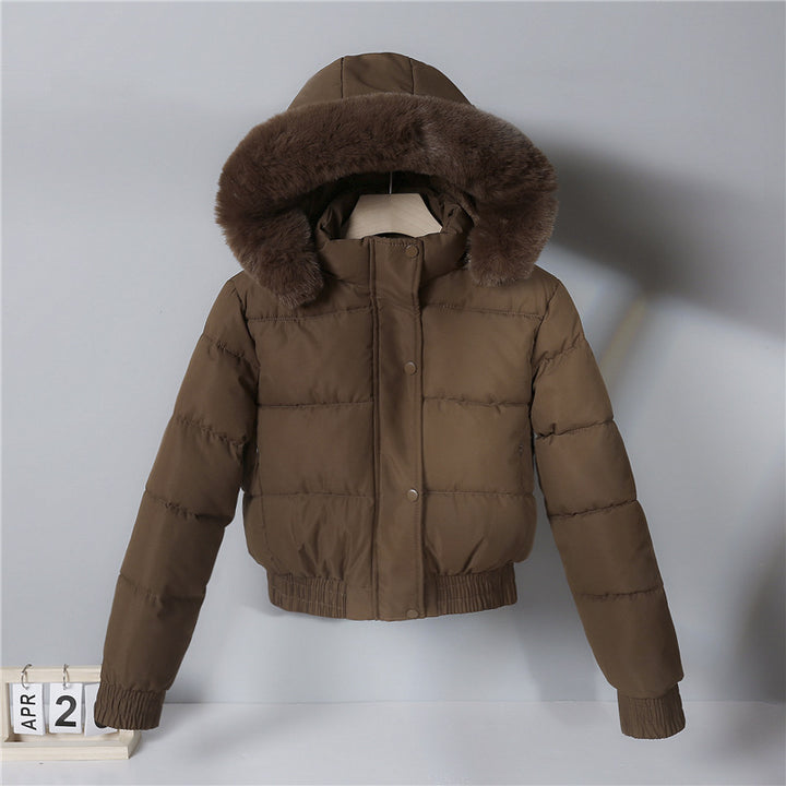 Ladies' short padded hooded jacket with faux fur trim, elastic hem, and concealed zipper Mune Fashion