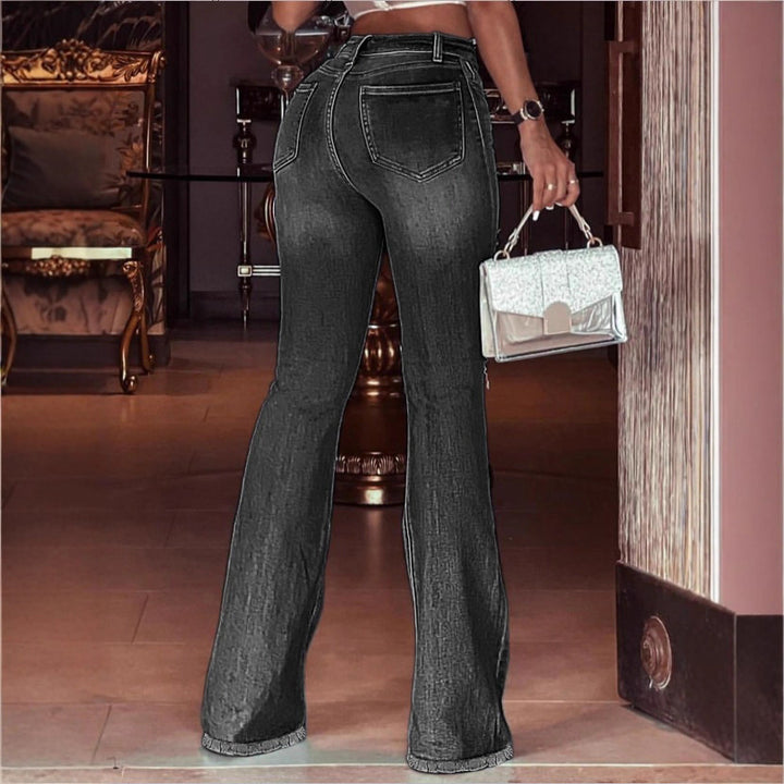 Women's High-Waisted Flared Jeans with Knee Rips, Frayed Hem and Flared Leg Mune Fashion