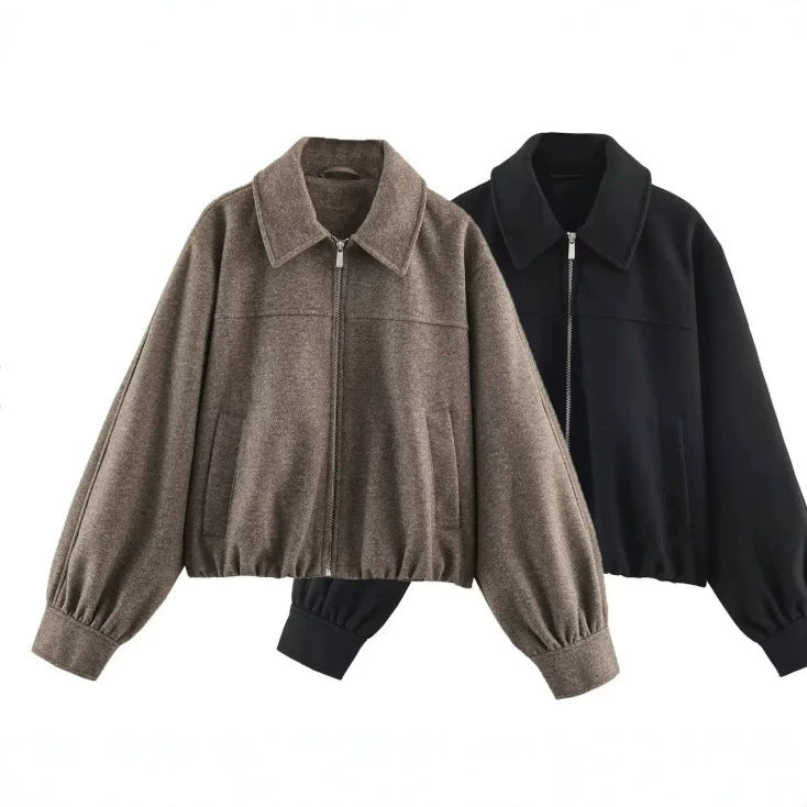 Women’s Short Cut Wool Bomber Jacket with Zipper and Elastic Hem Mune Fashion
