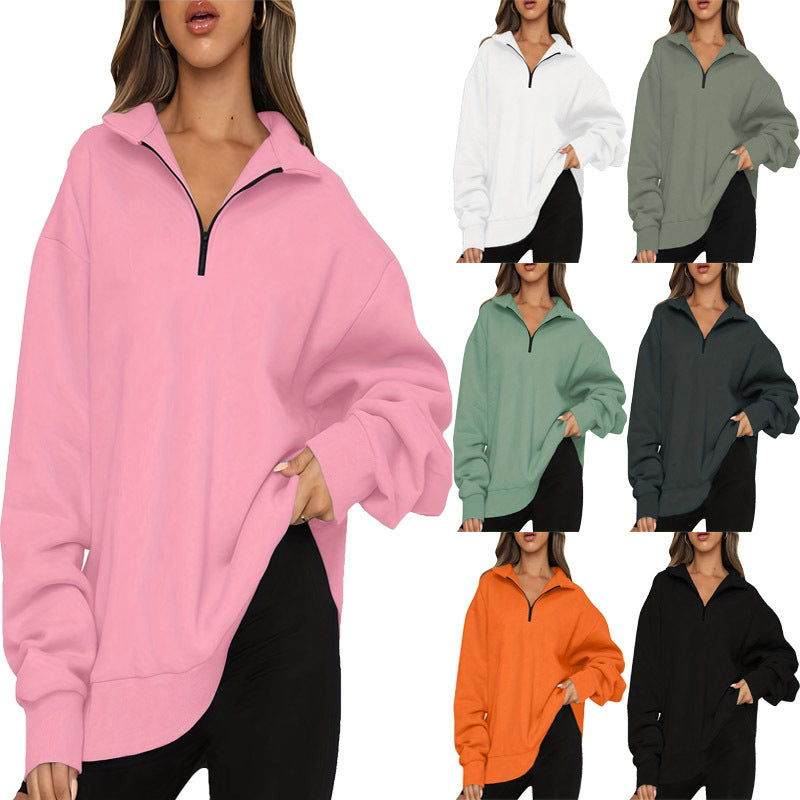 Women nan Oversized Sweatshirt with Short Zip, Stand-up Collar and Kangaroo Pocket Mune Fashion