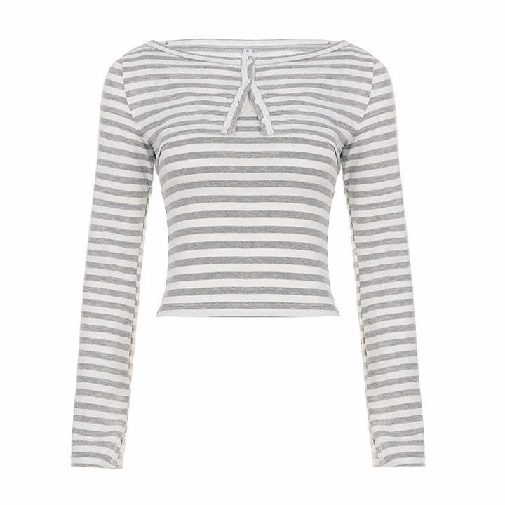 Women's Striped Cropped Long Sleeve Shirt with Boat Neck and Decorative Bow Mune Fashion