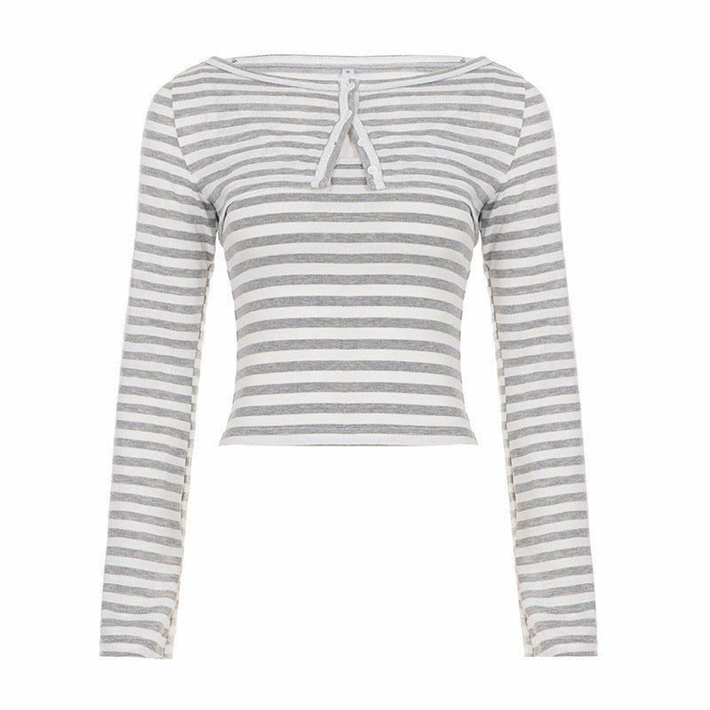 Women's Striped Cropped Long Sleeve Shirt with Boat Neck and Decorative Bow Mune Fashion
