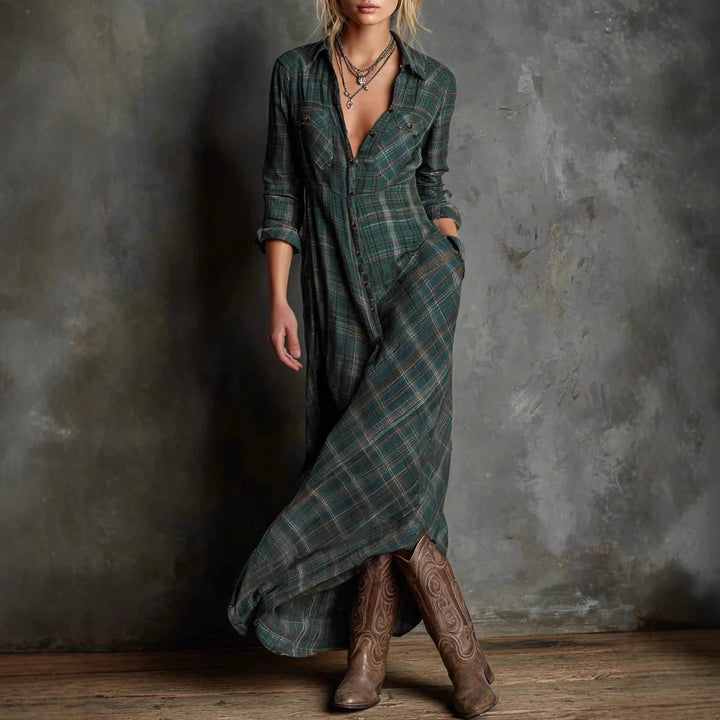Women's maxi shirt dress in checkered flannel look with button placket and side pockets Mune Fashion