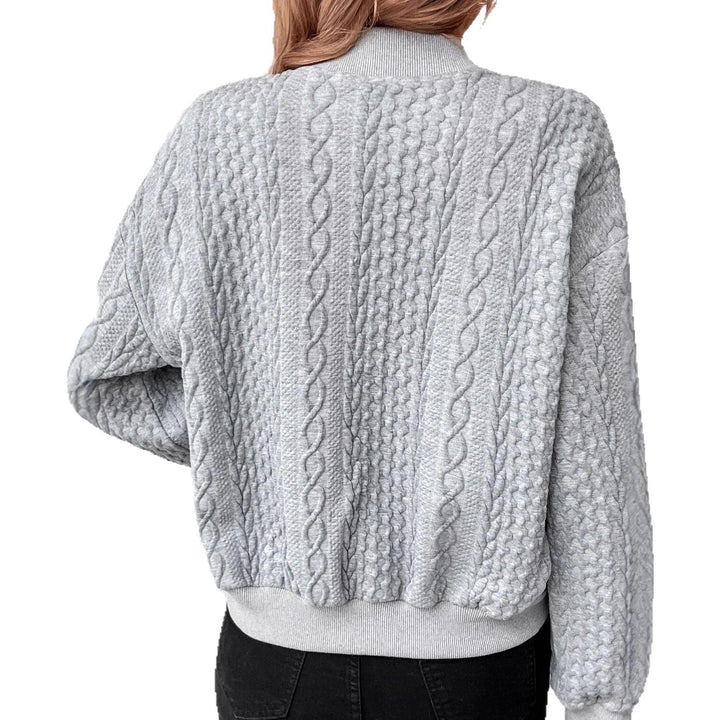 Women's Structured Knit Bomber Jacket with Cable Pattern and Snap Buttons Drune