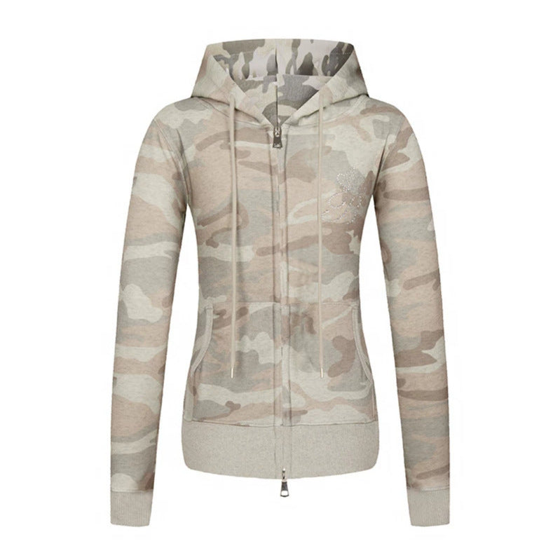 Women's hoodie sweatshirt jacket with two-way zipper, camouflage print and rhinestone butterfly Mune Fashion