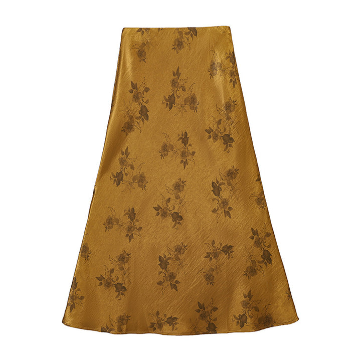 Women's high-waisted A-line midi skirt in jacquard-like satin with floral relief print.