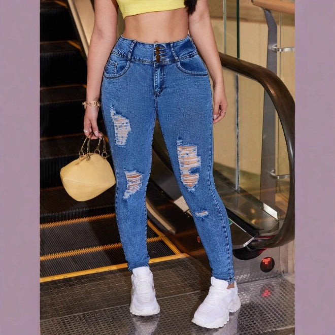 Women High-Rise Sculpting Skinny Jeans with Waist-Shaping Multiple Button and Targeted Distressed Look Mune Fashion