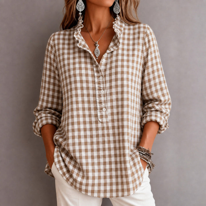 Women Checkered Blouse Top with Ruffled Collar and Half Button Placket Mune Fashion