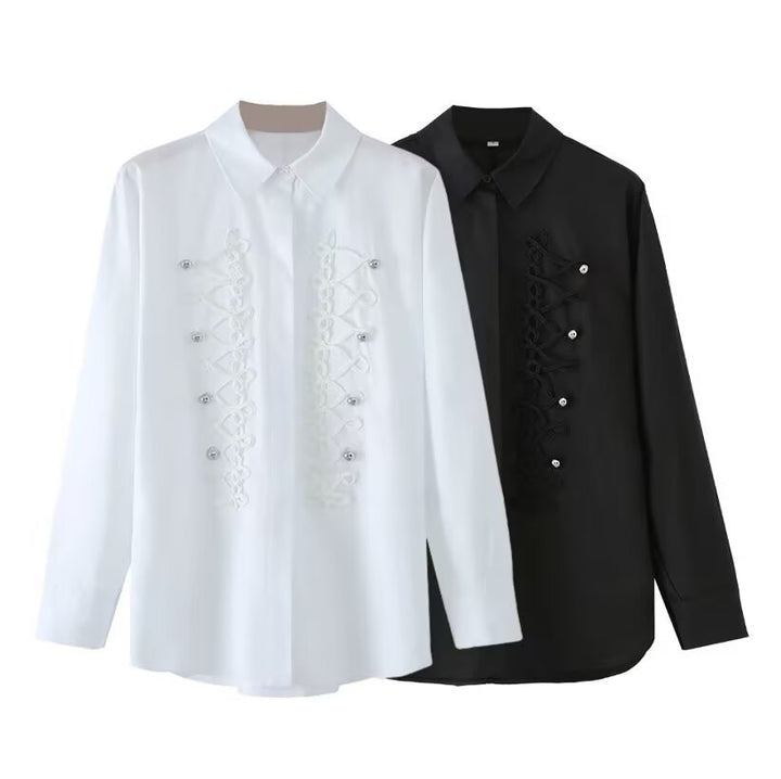 Women Long Sleeve Oversized Blouse with Concealed Button Placket and Decorative Cord Applications Mune Fashion