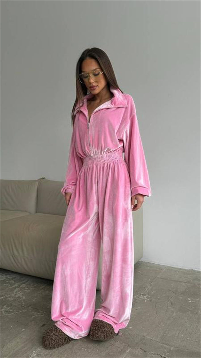 Women's velvet jumpsuit with wide leg, elastic waistband, and stand collar Mune Fashion