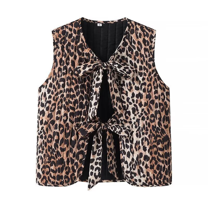 Women's sleeveless chiffon blouse with leopard print and double bow front Mune Fashion