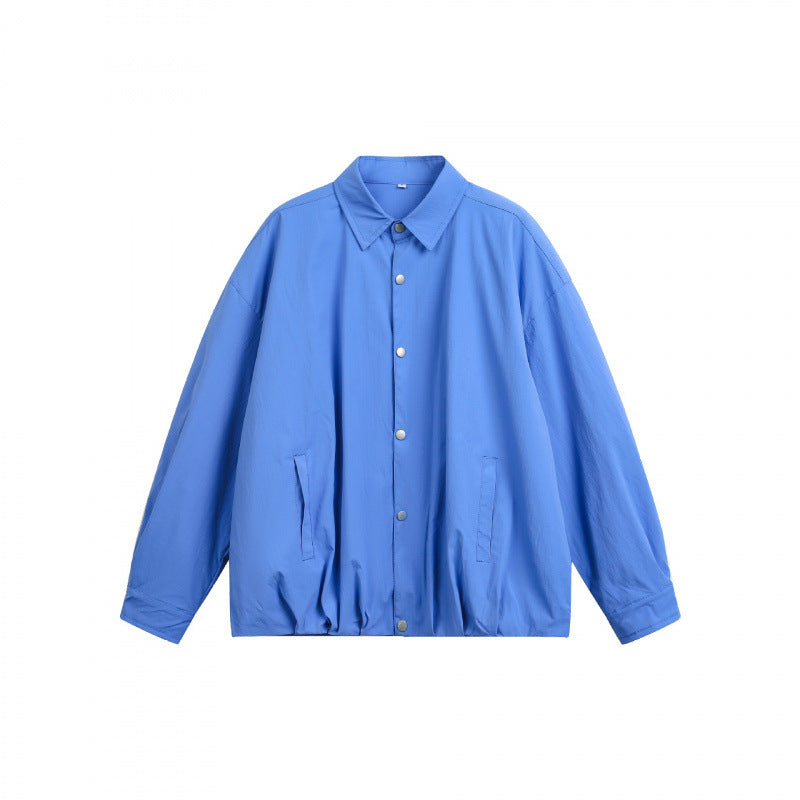 Unisex Boxy Shirt Jacket with Snap Button Placket, Shirt Collar and Elastic Hem Mune Fashion