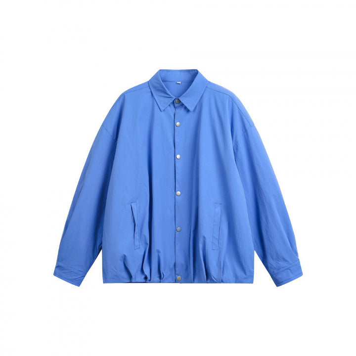 Unisex Boxy Shirt Jacket with Snap Button Placket, Shirt Collar and Elastic Hem Mune Fashion