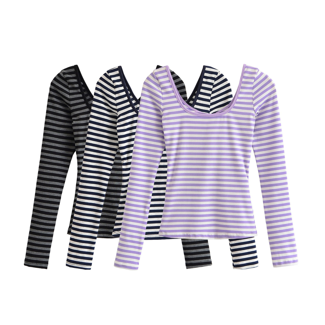 Women's striped long-sleeve shirt with deep round neckline and decorative bow tie