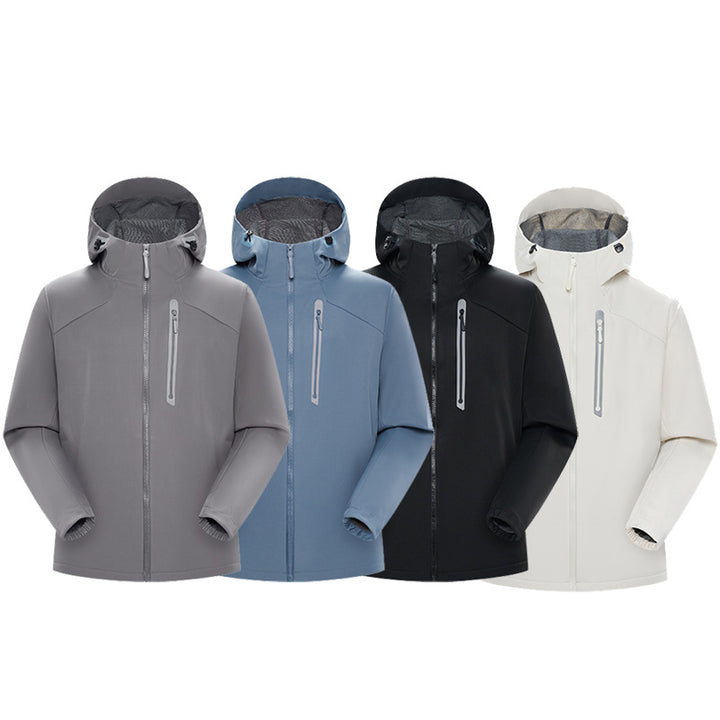 Men's Waterproof Softshell Outdoor Jacket with Adjustable Hood, Welded Zippers and Reflective Chest Pocket Drune