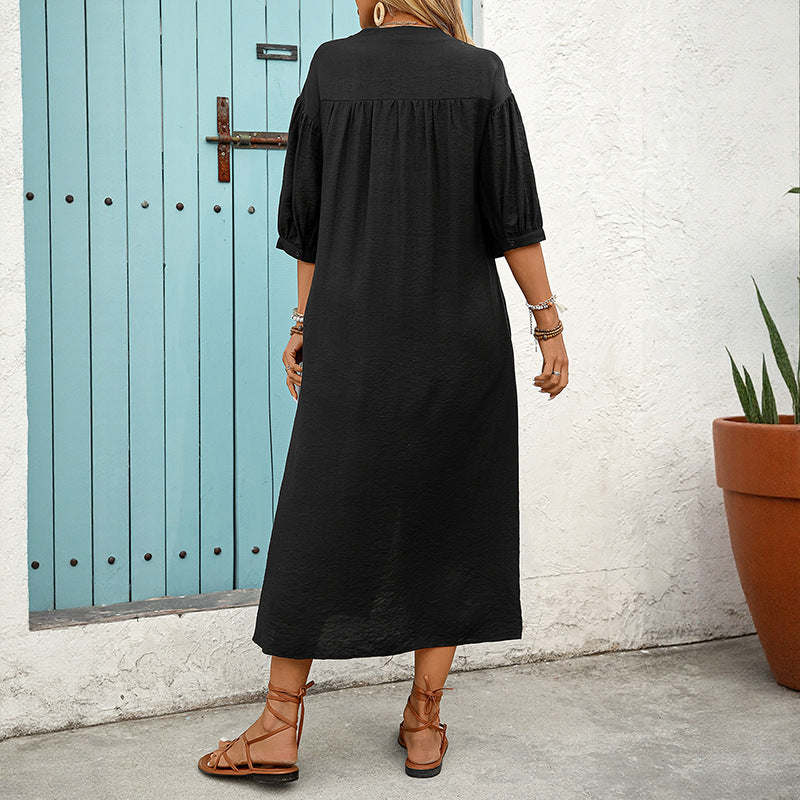 Women's Embroidered Shirt Dress A-Line with Button Placket and 3/4 Balloon Sleeves Mune Fashion