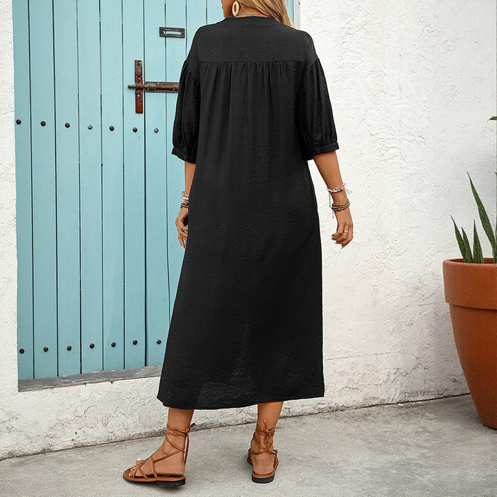 Women's Embroidered Shirt Dress A-Line with Button Placket and 3/4 Balloon Sleeves Mune Fashion