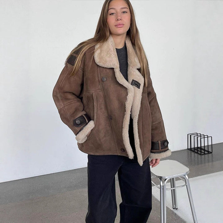 Women Oversize Shearling-Faux Flight Jacket with Contrasting Trim & Buckle Details Mune Fashion
