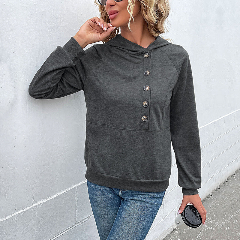 Ladies hooded sweatshirt with asymmetric button placket and raglan sleeves Mune Fashion