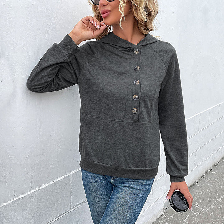 Ladies hooded sweatshirt with asymmetric button placket and raglan sleeves Mune Fashion