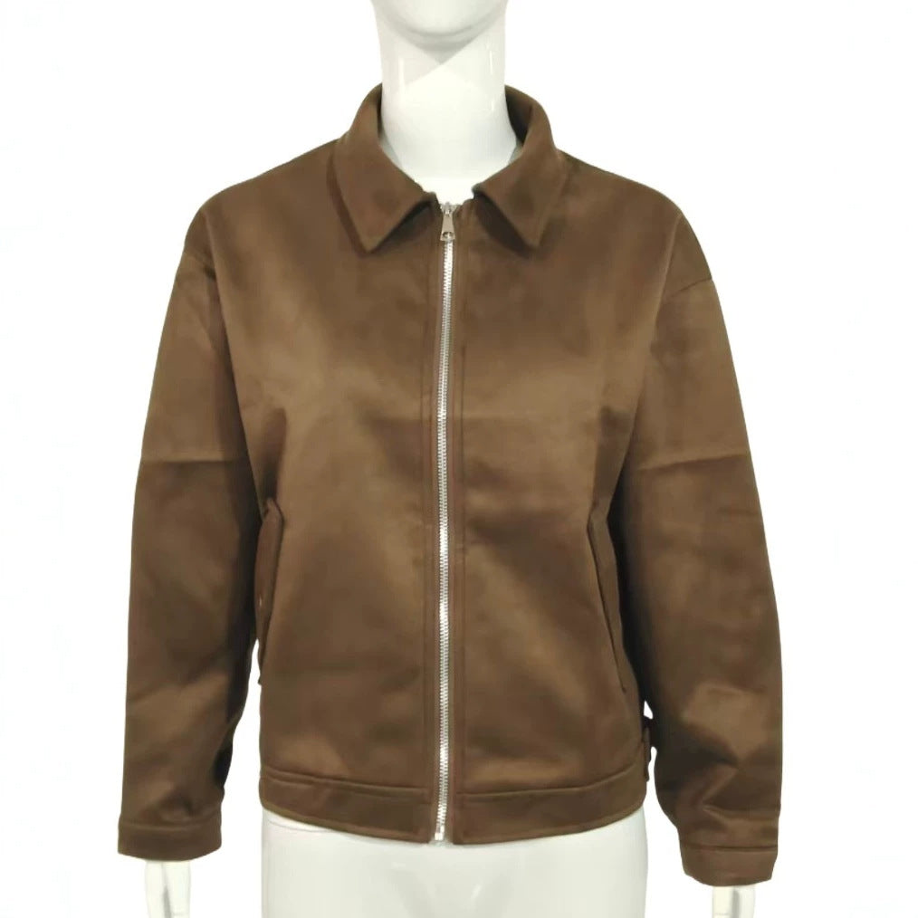 Ladies short jacket in suede leather look with front zipper and shirt collar Mune Fashion