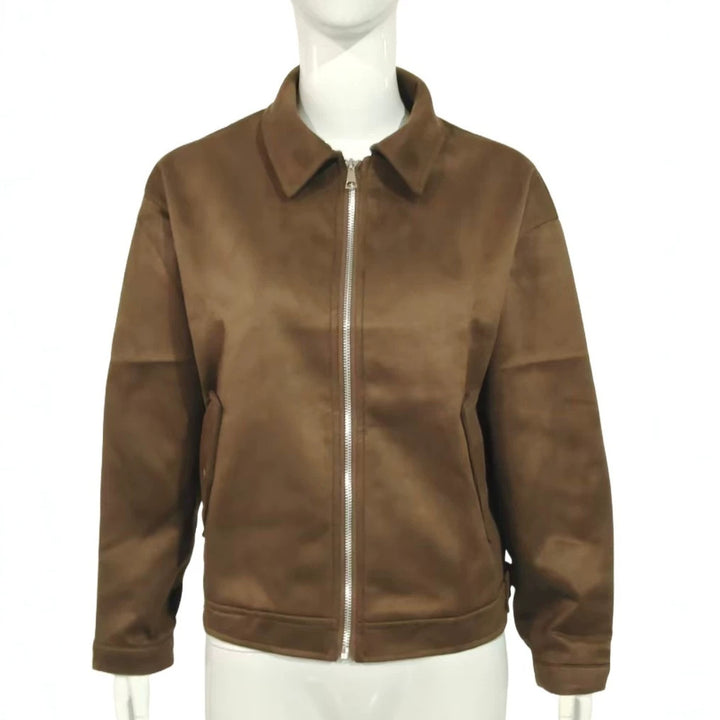 Ladies short jacket in suede leather look with front zipper and shirt collar Mune Fashion