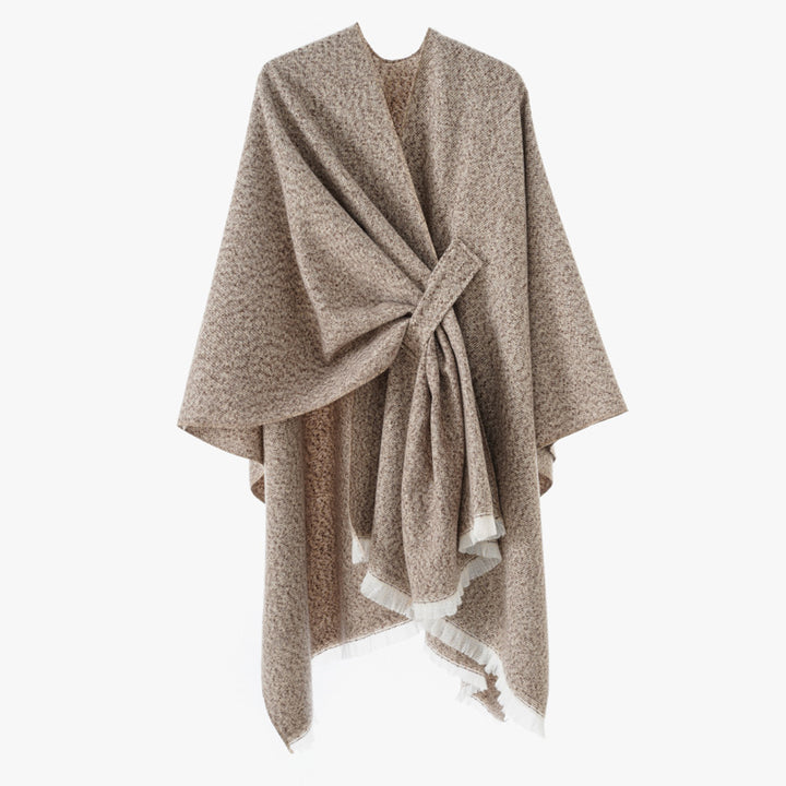 Women's wool blend cape with tie loop and fringe hem Mune Fashion