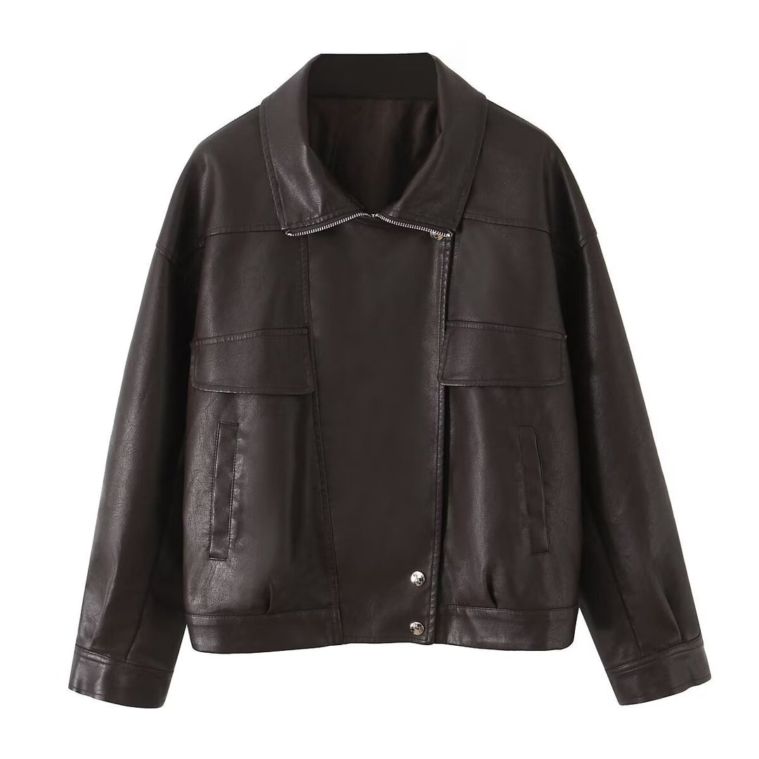 Women Oversized Faux Leather Bomber Jacket with Flap Pockets and Asymmetrical Zipper Mune Fashion