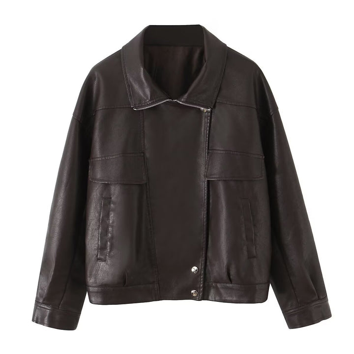Women Oversized Faux Leather Bomber Jacket with Flap Pockets and Asymmetrical Zipper Mune Fashion