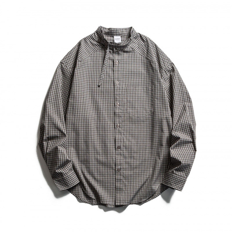 Men's Checked Oversize Shirt with Stand Collar, Drawstring and Raglan Sleeves Mune Fashion