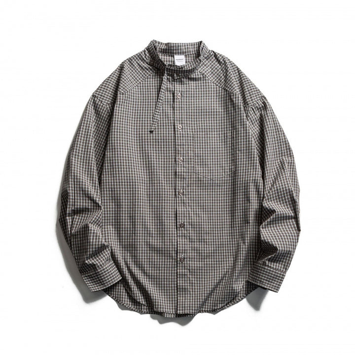 Men's Checked Oversize Shirt with Stand Collar, Drawstring and Raglan Sleeves Mune Fashion