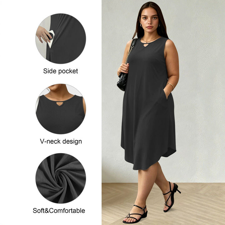 Women Sleeveless A-Line Midi Dress with Side Pockets and V-Neck Mune Fashion